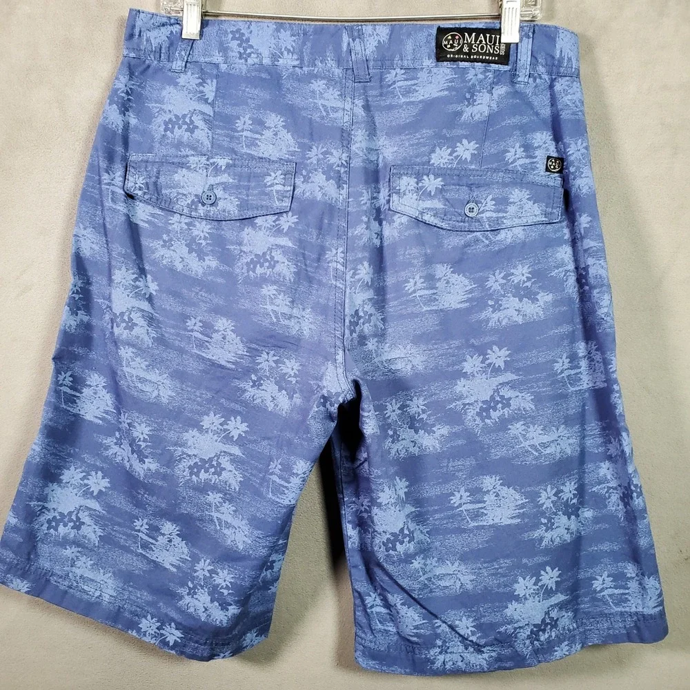 Maui & Sons Shorts Mens 34‎ Blue Palm Tree Print Cotton Surf Beach Skate Summer